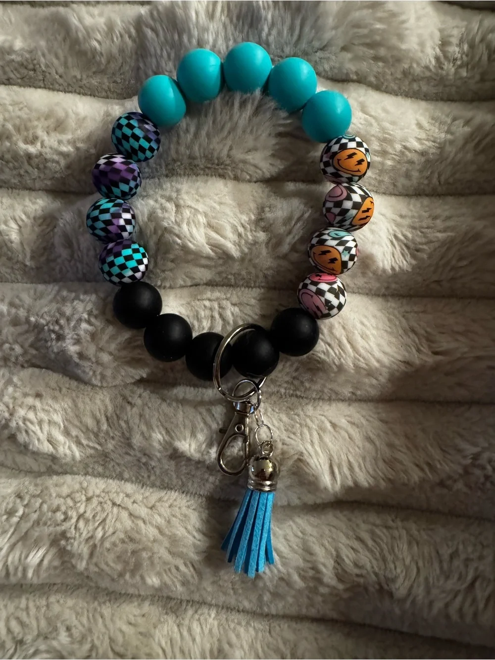 Beaded Wristlet Keychain with Blue Tassel